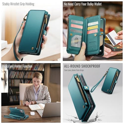 Defencase for iPhone 17 Wallet Case with RFID Blocking Card Holder, Green | Durable Soft PU Leather, with Zipper Pocket, Wrist Strap, Fashion Snap Flip Phone Cases Cover with Stand for Women and Men - color: Blue Green