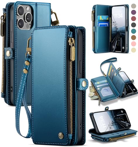 Defencase for iPhone 15 Pro Wallet Case with RFID Card Holder, Dark Blue | Durable Soft PU Leather, with Zipper Pocket, Wrist Strap, Fashion Snap Flip Phone Cases Cover with Stand for Women and Men - color: Lake Blue