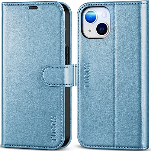 TUCCH Wallet Case for iPhone 14 (6.1") 2022, 4 Card Slots, Shiny Light Blue | RFID Blocking, Viewing Stand, Shockproof TPU Shell, PU Leather, Magnetic Closure, Protective Folio Flip Cover - color: Shiny Blue