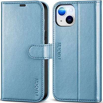 TUCCH Wallet Case for iPhone 14 (6.1") 2022, 4 Card Slots, Shiny Light Blue | RFID Blocking, Viewing Stand, Shockproof TPU Shell, PU Leather, Magnetic Closure, Protective Folio Flip Cover - color: Shiny Blue