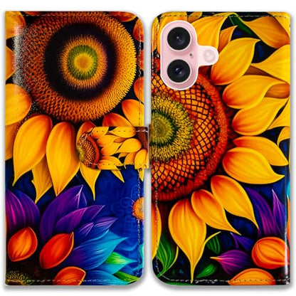 Bcov Case for iPhone 16,Yellow Sunflower Multifunction Leather Phone Case Wallet Flip Cover with Multi Card Slots Pocket Wrist Strap for Apple iPhone 16 - color: Yellow Sunflower