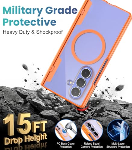 Magnetic Phone Case for Samsung Galaxy Z Fold 7, Fit for MagSafe | Full-body Case with 2 Pack Front Frame,Built-in Glass Screen Protector【Privacy & HD Clear】Shockproof Hinge Protective,Orange