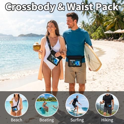 Waterproof Bag Set IPX8 2 Pcs: Black 9.8" Clear Fanny Pack & 7" Waterproof Phone Pouch, Floating Phone Case, Water Proof Dry Bag with Adjustable Strap for Beach Swim Kayak Boat Cruise Essentials - color: Black fanny pack + Phone pouch 7"
