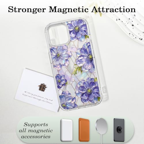 for iPhone 13 Mini 5.4" Magnetic Case【Compatible with MagSafe】 Aesthetic Oil Painting Stained Glass Flower Design, Slim Fit Hard PC Back Shockproof Cute Clear Phone Cover, Purple - color: Purple, size: iPhone 13 Mini