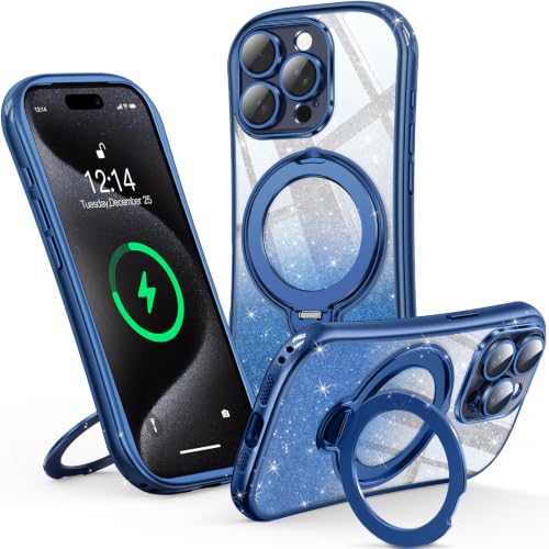 360° Spin Magnetic Stand for iPhone 15 Pro Max Case [DIY Glitter Cardstock] [Full Camera Protection] [Fit for MagSafe] Shockproof Plating Glitter Bling TPU Cover for Women Girls 6.7", Deep Blue - color: Blue Glitter, size: iPhone 15 Pro Max