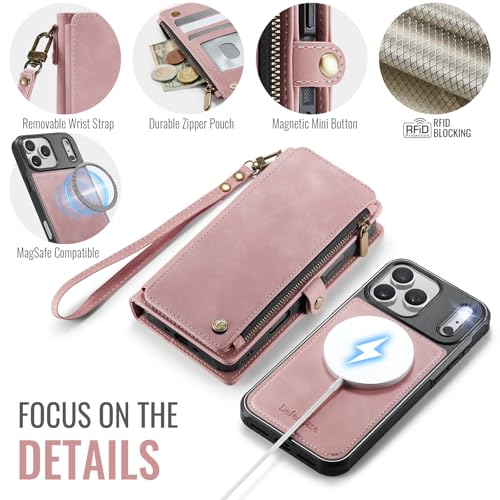 Defencase for iPhone 17 Pro Max Case Wallet Compatible with Magsafe, Pink | Drop-Proof Magnetic Detachable Phone Cases Cover, with RFID Bolcking Card Holder, Zipper Strap, PU Leather, Removable Wallet - color: (Detachable with Magsafe)-Pink