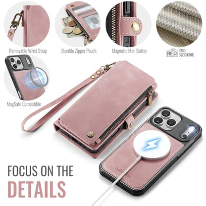 Defencase for iPhone 17 Pro Max Case Wallet Compatible with Magsafe, Pink | Drop-Proof Magnetic Detachable Phone Cases Cover, with RFID Bolcking Card Holder, Zipper Strap, PU Leather, Removable Wallet - color: (Detachable with Magsafe)-Pink