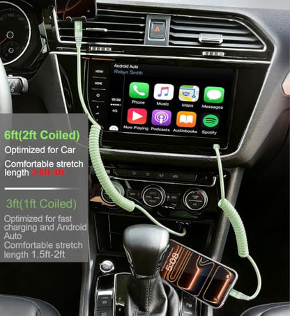 USB C to C Cable 6FT, 2Pack Coiled USB C Fast Charging Cable for CarPlay - color: Green, size: 6FT