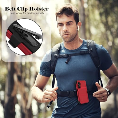 for Samsung Galaxy A16 5G Case with 2 Pack Tempered Glass Screen Protector, [Holster Series] Belt Clip Hard Tough Heavy Duty Rugged Shockproof Protective Cell Phone Case (Red) - color: Red