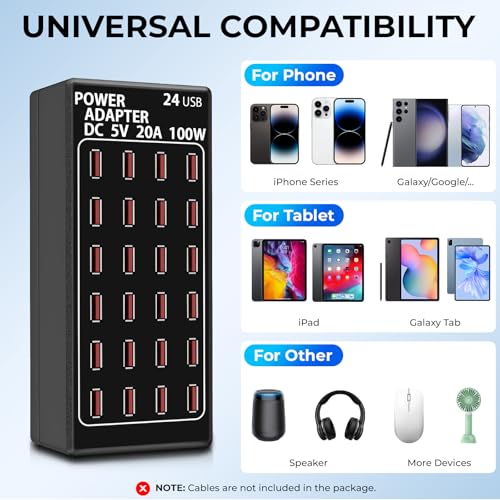 USB Charging Station, 100W/20A 24 Port Desktop Multiple Device Charger Station, Multi Ports Fast Phone Charging Station Organizer, Suitable for School Mall Shop Hotel