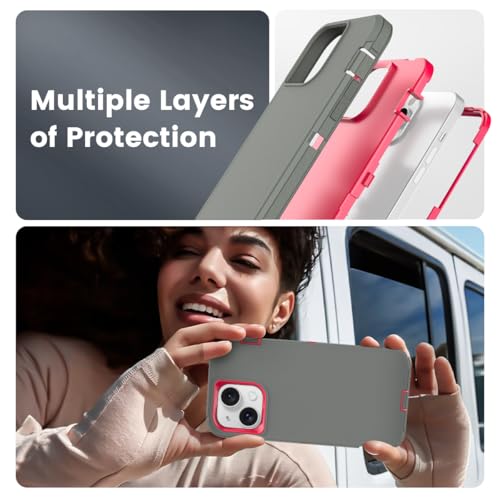 Compatible with iPhone 15 Case, Dual Layer Shockproof Full Body Cover Military Grade Drop Protection Heavy Duty Phone Case for Apple Phone 15/14/13 6.1 inch (Grey/Rose) - color: Grey/Rose