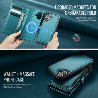 Defencase for iPhone 17 Phone Case Wallet Compatible with Magsafe, Green | Magnetic Detachable, Drop-Proof Protective Wallet Cases Cover, with RFID Bolcking Card Holder, Zipper Strap, Soft PU Leather - color: (Detachable with Magsafe)-Blue Green