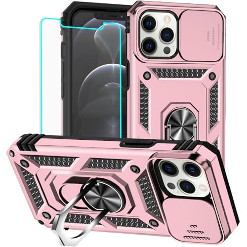 HNHYGETE for iPhone 12 Pro Max Case with Screen Protector: [Military Grade 20ft. Drop Tested] Slide Camera Cover Ring Shockproof Protective Phone Case for - iPhone 12 Pro Max (Rose Gold) - color: Rose Gold, size: iPhone 12 Pro Max