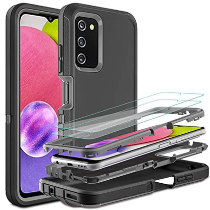 for Samsung Galaxy A03S Phone Case, Galaxy A03S Phone Case with 2 Pcs Nano Explosion-Proof Film, 3 in 1 Full Body Shockproof Heavy Duty Case for Samsung A03S (Black/Grey)