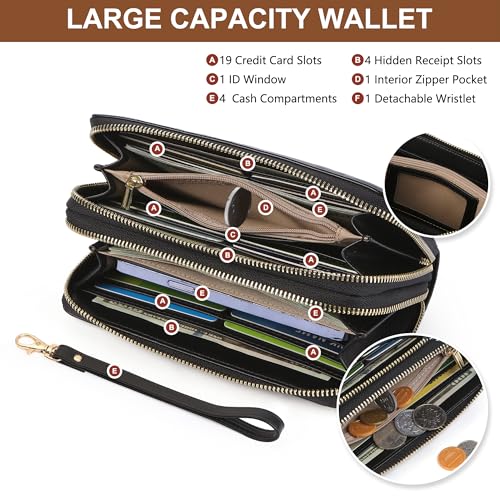 yiijay Womens Wallet RFID Blocking Large Capacity Vegan Leather Double Zip Wristlet Wallet Card Holder Travel Ladies Clutch - color: Black