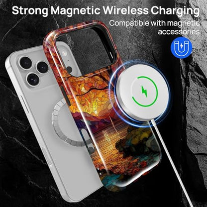 Magnetic Phone Case for iPhone 17 Pro,Compatible with MagSafe,Durable 2 Layers Full Covered Shockproof Protective Cover-Stained Glass Sunrise Fall Leaves - color: Stained Glass Sunrise Fall Leaves, size: iPhone 17 Pro