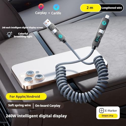 4 in 1 USB C Cable with LED Display, 240W Fast Charging Retractable Spring Data Cable Up to 6.6 Feet, Support CarPlay, iPhone/iPad/Samsung/Laptop (Gray)