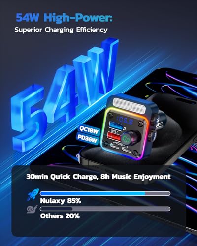 Nulaxy 54W Bluetooth 5.3 Car Adapter, FM Transmitter 4-Port Fast Charging - color: Blue