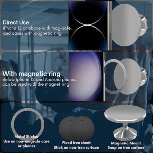 Gym Magnetic Phone Holder - Silver, Dual Magnet, 360° Rotation, Attach to Metal Surfaces, Compatible with iPhone 16/15/14/13/12, Samsung, MagSafe Case & All Smartphones - color: Silver
