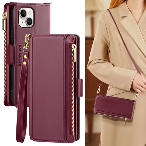 Antsturdy Crossbody Phone Wallet Case for iPhone 14 Plus,Wine Red | RFID Blocking,PU Leather Flip Cover,Kickstand,with Credit Card Holder,Wrist Strap Lanyard & Handbag Purse,for Women & Men - color: (Crossbody) - Wine Red