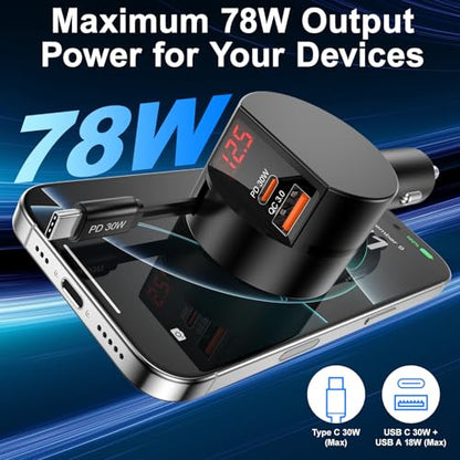 Retractable Car Charger, 2-Pack 78W 3 in 1 Car Charger USB C Fast Charger - color: Black-2Pcs