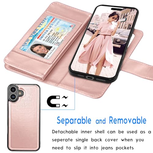 Tekcoo Wallet Case Compatible with iPhone 16 (6.1 inch) 2024 Luxury ID Cash Credit Card Slots Holder Carrying Pouch Folio Flip PU Leather Cover [Detachable Magnetic Hard Case] with Strap [Rose Gold] - color: Rose Gold, size: 16