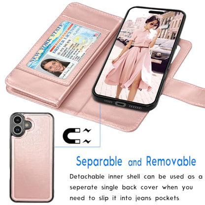Tekcoo Wallet Case Compatible with iPhone 16 Plus (6.7 inch) 2024 Luxury ID Cash Credit Card Slots Holder Carrying Pouch Folio Flip PU Leather Cover [Detachable Magnetic Hard Case] Strap [Rose Gold] - color: Rose Gold, size: 16 Plus