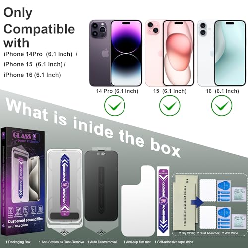 2 Pack Matte Privacy Screen Protector for iPhone 16/15/14 Pro 6.1-Inch Auto Dust Removal, No Bubbles,Anti-Spy Tempered Glass Film, Easy Installation
