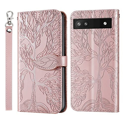 Wallet Case for Google Pixel 6A with Card Holder/Slot,PU Leather Folio Flip Shell [Kickstand][Magnetic Closure][Wrist Strap] Shockproof Cover Fit Google Pixel 6A, Rose Gold - color: Rose gold, size: Google Pixel 6A