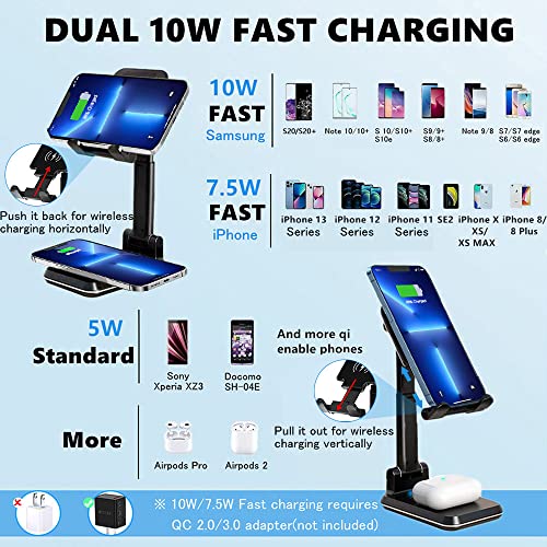 Dual 10W Wireless Charger, [Angle&Height Adjustable] Wireless Charging Desk Phone Holder Charger Stand, 2 in 1 Qi Fast Charging Dock for iPhone 16/15/14/13/12/11/MAX,AirPods,Samsung Galaxy S21/S20/S10