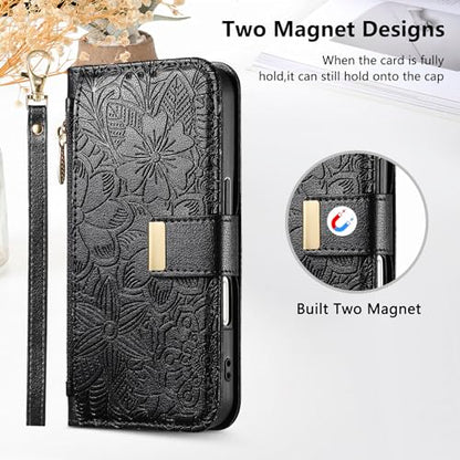 for iPhone 17 Phone Case Wallet, Black | Built-in Card Holder (8-10 Cards), Zipper Pocket, Wrist Strap, Stand Kickstand, Flower PU Leather Protective Phone Case Women - color: Black, size: iPhone 17