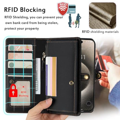 for Wallet Case Compatible with iPhone 15 Pro Max,Multi-Function Detachable 2 in 1 Magnetic iPhone 15 Pro Max Case Wallet,Flip Strap Zipper Card Holder Phone Case with Shoulder Straps (Black) - color: Black, size: iPhone 15 pro max