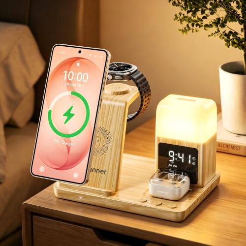 6 in 1 Wireless Charging Station for Samsung Android with Clock & Night Light,Wireless Charger Beside Clock for Galaxy S26 Ultra S25 S24,Galaxy Watch 8/7 Buds 4/3 Pro,Not for Watch 9/Ultra 2 - color: Wood