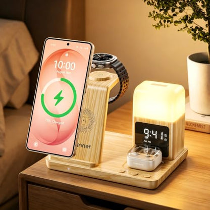 6 in 1 Wireless Charging Station for Samsung Android with Clock & Night Light,Wireless Charger Beside Clock for Galaxy S26 Ultra S25 S24,Galaxy Watch 8/7 Buds 4/3 Pro,Not for Watch 9/Ultra 2 - color: Wood