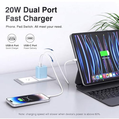 4 Pack USB C Charger Block,20W USB-C & USB-A Port Charger，for i Phone 17/16/15/14/13/12/11/X/8, i Pad and More，Blue - color: 4p blue