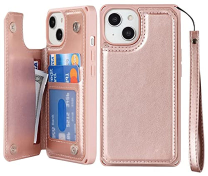 iCoverCase Compatible with iPhone 14 Wallet Phone Case with Card Holder for Women, RFID Blocking Embossed PU Leather Wrist Strap Case 6.1 Inch (Macaron Rose Gold) - color: P-Rose Gold