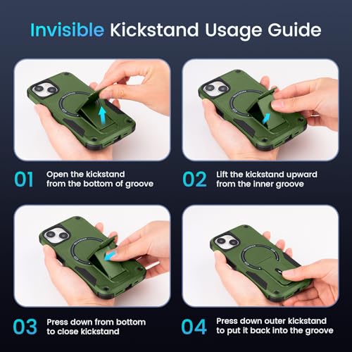 Caka for iPhone 13 Case & iPhone 14 Case with Stand Green | Compatible with MagSafe, Built-in Hidden Kickstand, Solid Protective Dual-layer TPU+PC Shockproof Magnetic Phone Cover - color: Green