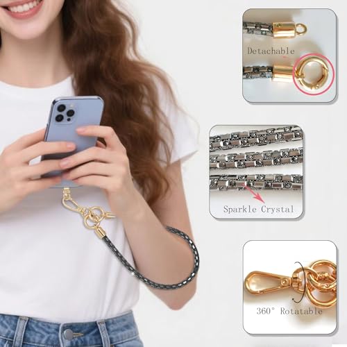 Crystal Phone Lanyard Crossbody Adjustable Rhinestone Anti-Theft Phone Strap Crossbody Cell Phone Neck Strap for Women - color: Grey