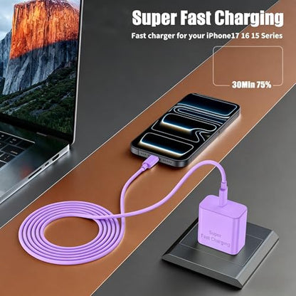 Fast Charger for iPhone 17 Pro Max, Super Fast USB C (6+6+10) FT Cables - color: Purple