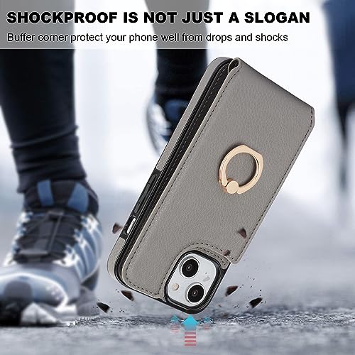 Folosu Compatible with iPhone 14 Case Wallet with Card Holder, 360°Rotation Finger Ring Holder Kickstand, RFID Blocking Leather Protective Double Buttons Shockproof Cover 6.1 Inch Gray - color: Gray, size: iPhone 14