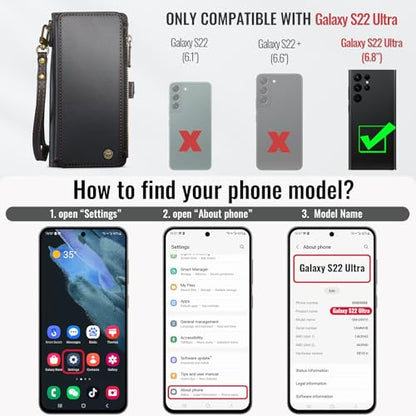 Defencase for Samsung Galaxy S22 Ultra Wallet Case with Card Holder, Black | Durable PU Leather, with RFID Blocking Zipper Pocket, Wrist Strap, S22 Ultra Flip Phone Cases Cover with Stand for Women Men - color: Elegant Black
