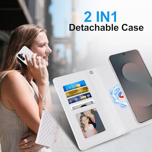 Harryshell Detachable Wallet Case for Samsung Galaxy S25 FE Compatible with Magsafe RFID Blocking Card Slots Removable Phone Cover Zipper Purse Kickstand Wrist Strap for Men Women Quilted White - color: Quilted White