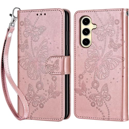 for Samsung Galaxy S24 FE Wallet case, Rose Gold-Butterfly | 3 Card Holders, Kickstand, Shockproof TPU Shell, PU Leather, Magnetic Closure, Protective Flip Folio Cover, Women - color: 6