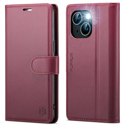 FLIPALM Card Holder Wallet Case for iPhone 15 6.1", Red | RFID Blocking, PU Leather Folio Flip, Kickstand, Protective Shockproof Cover - color: Red, size: iPhone 15-6.1"