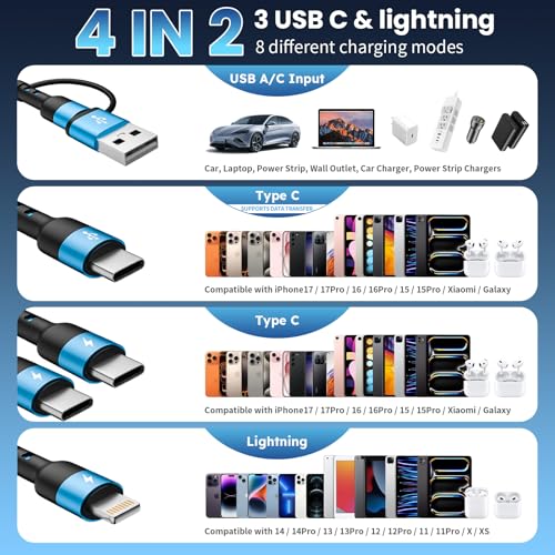 Travel Essentials, 4 in 2 Multi Charging Cable 3 USB C Chargers for iPhone - color: Blue, size: 1Pack5FT