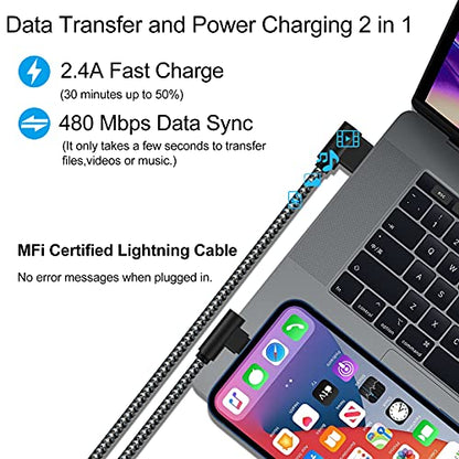 iPhone Charger 1Ft MFi Certified Short Lightning Cable Braided 90 Degree Elbow Charging Cable Compatible with iPhone 14 13 12 11 Pro X XS XR 8 Plus 7 6 5 (Black Grey, 5Pack)