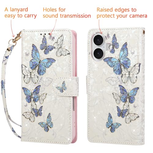 UEEBAI Wallet Case for iPhone 17, PU Leather Phone Cover Kickstand RFID Blocking Flip Case Card Slots Wrist Strap Relief Engraved Pattern Magnetic Closure Flower Folio Wallet, Blue Butterfly - color: Blue Butterfly, size: iPhone 17