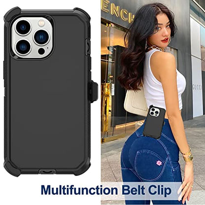 for iPhone 14 Pro Case with Screen Protector x2, Belt Clip Holster Heavy Duty Military Grade Full Body Shockproof Dust-Proof Rugged Protective Cover for Apple iPhone 14 Pro (Black) - color: Black