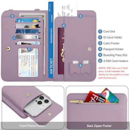 DOB SECHS Leather Passport Wallet Crossbody Phone Bag, RFID Blocking Passport Holder Credit Cards Case for Women - color: Purple-2