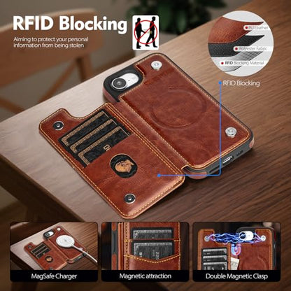 SkyEagle Compatible with MagSafe iPhone 17e / 16e Case Wallet,Brown | Magnetic Clasp,RFID Blocking,PU Leather,Flip Folio Shockproof Phone Cover,with Credit Card Slots & Kickstand for Men & Women - color: Brown
